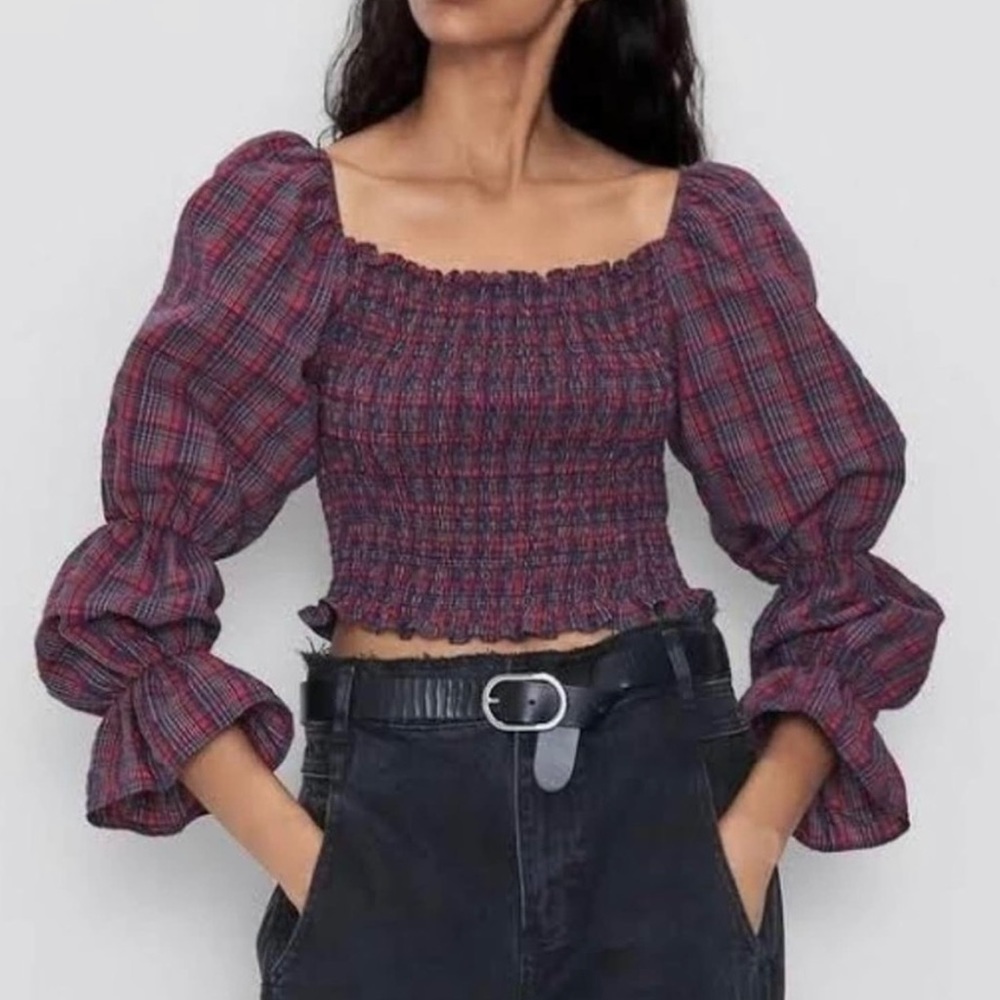 Zara Plaid Smocked Puff Sleeve Crop Top